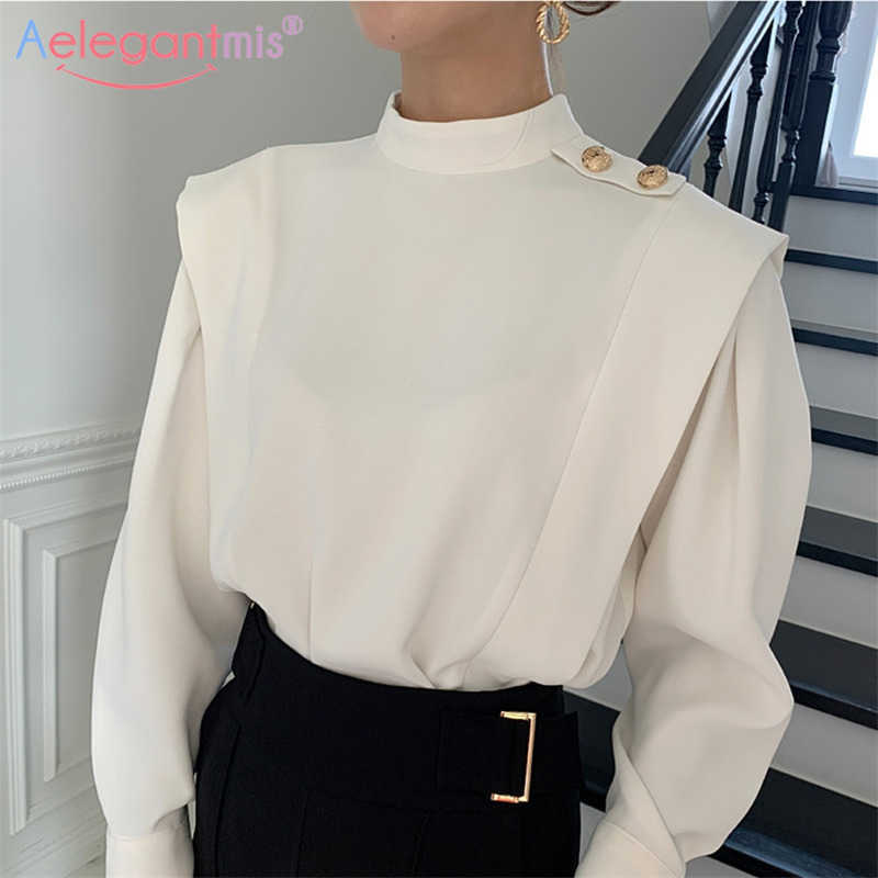 

Aelegantmis Korea Style Chic Button Loose Office Lady Blouse Shirt Women Casual Spring Turtleneck Female vintage OL 210607, White