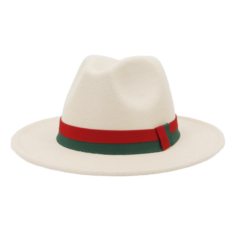 

Wide Brim Hats Trend Cream Wool Felt Fedora With Patchwork Ribbon Band Vintage Fashion Men Jazz Cap Women Panama Party Wedding Hat300P, White