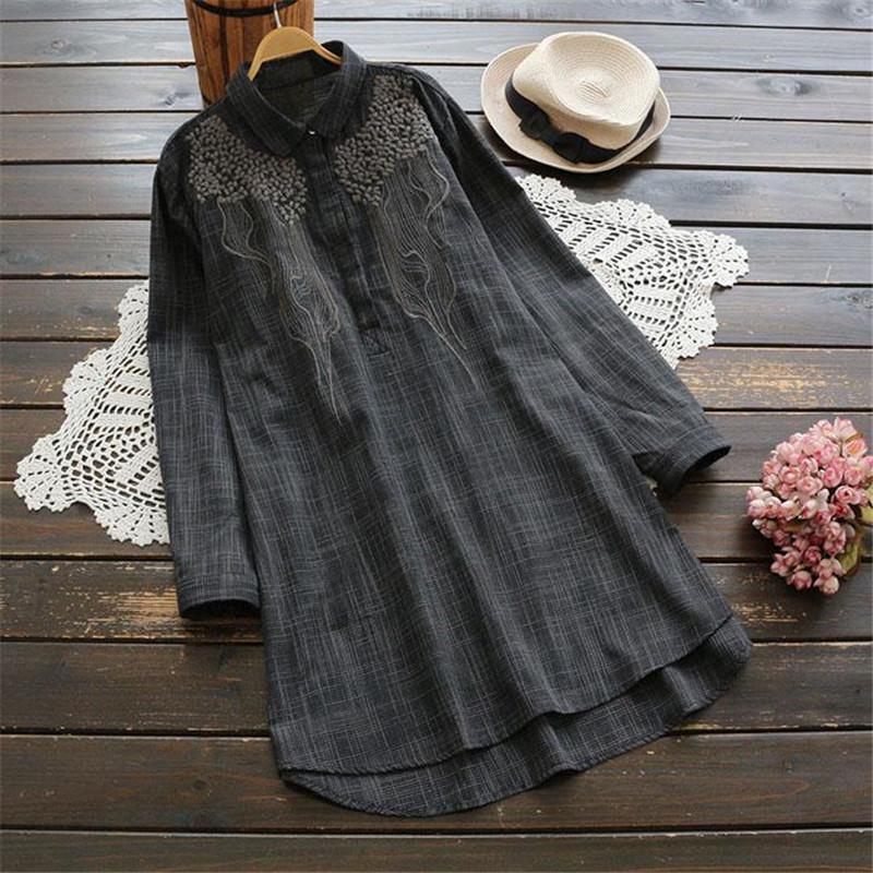 

Women's Blouses & Shirts Cotton Women Large Size Spring Summer Casual Embroidery -Neck Long Sleeve Loose Blusas Fashion TopS MM0555, White