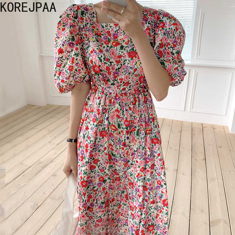 

Korejpaa Women Dress Korean Chic Summer Retro Elegant Square Collar Broken Flower Bubble Sleeves Dress Long Skirt Female 210526, Picture color