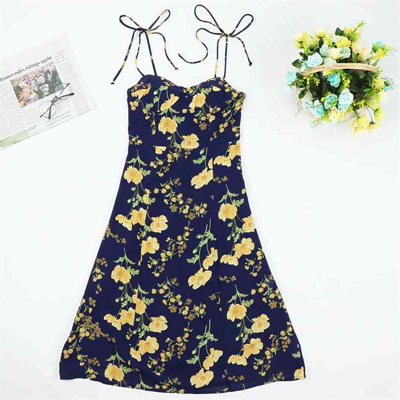

Vintage Yellow Floral Print Back Zipper women dress Chiffon vestidos Holiday Navy spaghetti strap midi Dress 210520, Multi