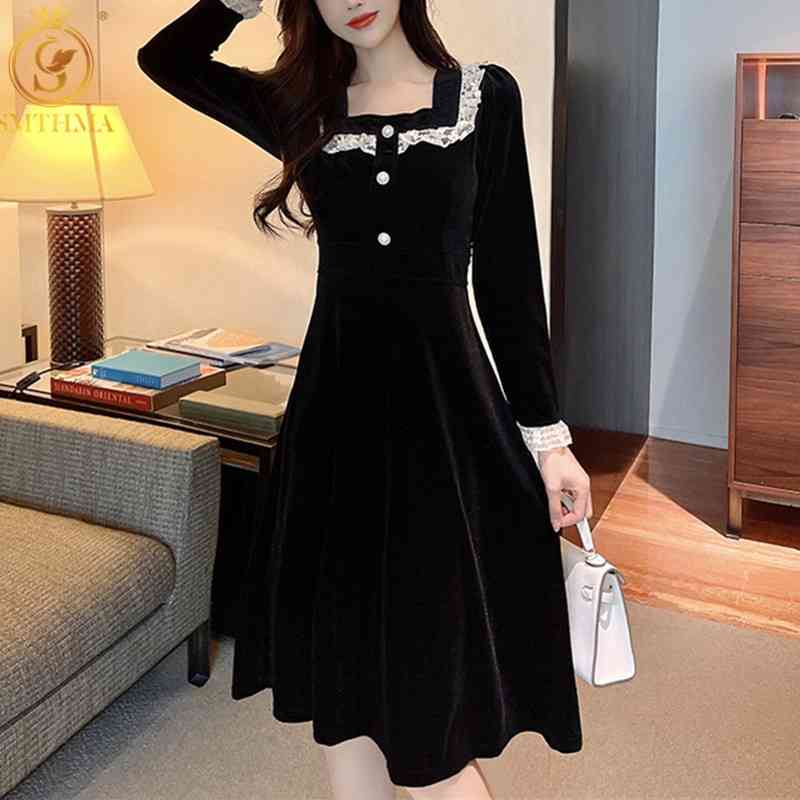 

French Retro Elegant Women Dresses Chic Lace Velvet Patchwork Sweet Long Sleeve Autumn Knee-Length Vestidos 210520, Photo color