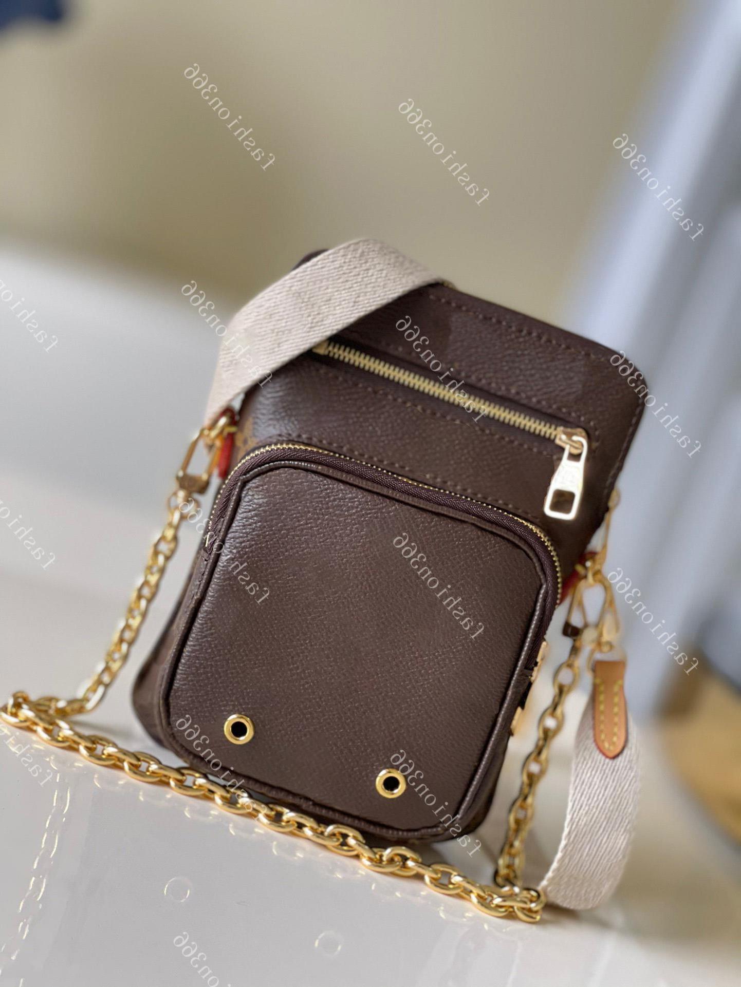 

Top Quality M80746 UTILITY PHONE SLEEVE pocket bag for life on the go women gold chain Crossbody bags zipped pockets Shoulder handbag canvas, Brown