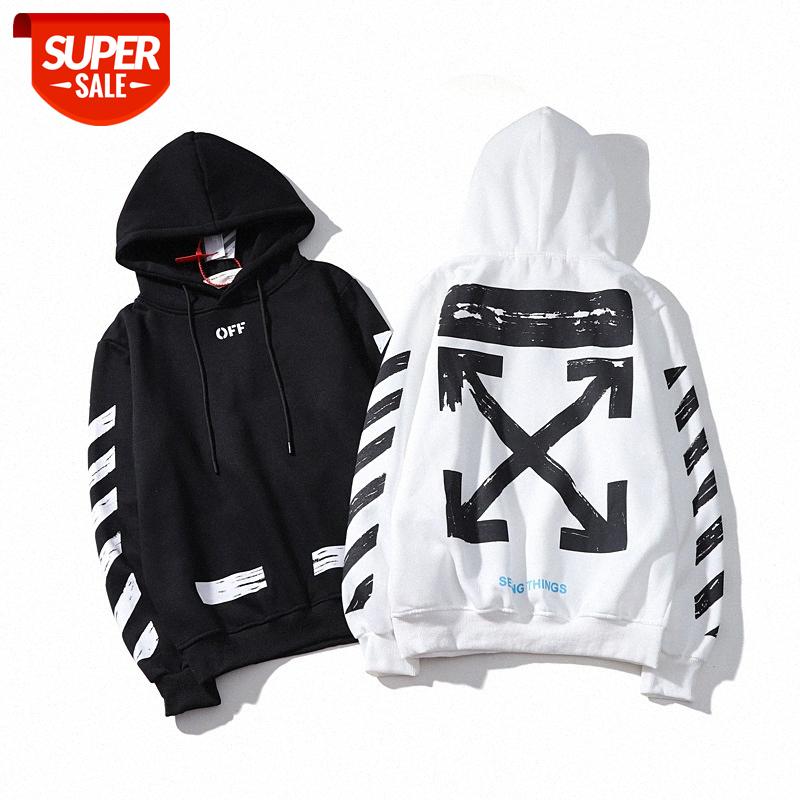 

European and American street OFF painted arrow crow diagonal stripes loose hoodie plus velvet sweater white men women couple jacket #0c7V, Black