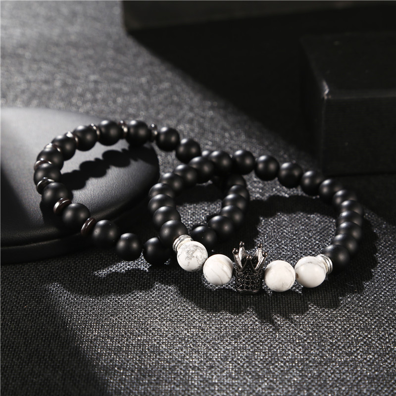

Black White 8mm natural stone beads crown bracelet s/set men women bracelets copper Jewellery for pulsera hombre armband 2022