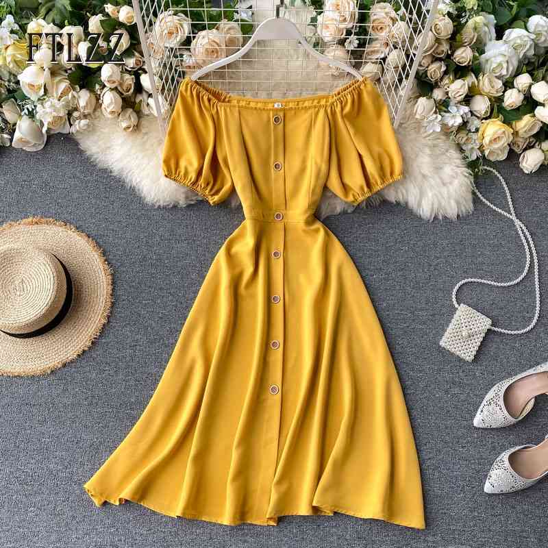 

Women Korean Style Fashion Off The Shoulder Strapless Single Breasted Dress Summer Lady Puff Sleeve Medium Long Slim Dresses 210602