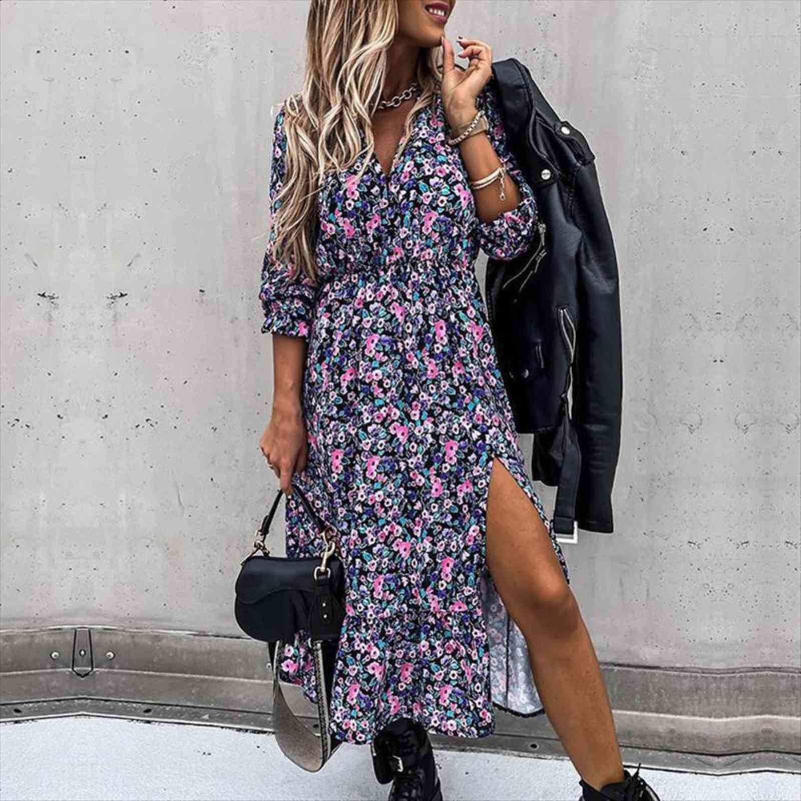 

floral autumn maxi v neck womens dresses boho long sleeve split button casual party vestidos, Black;gray