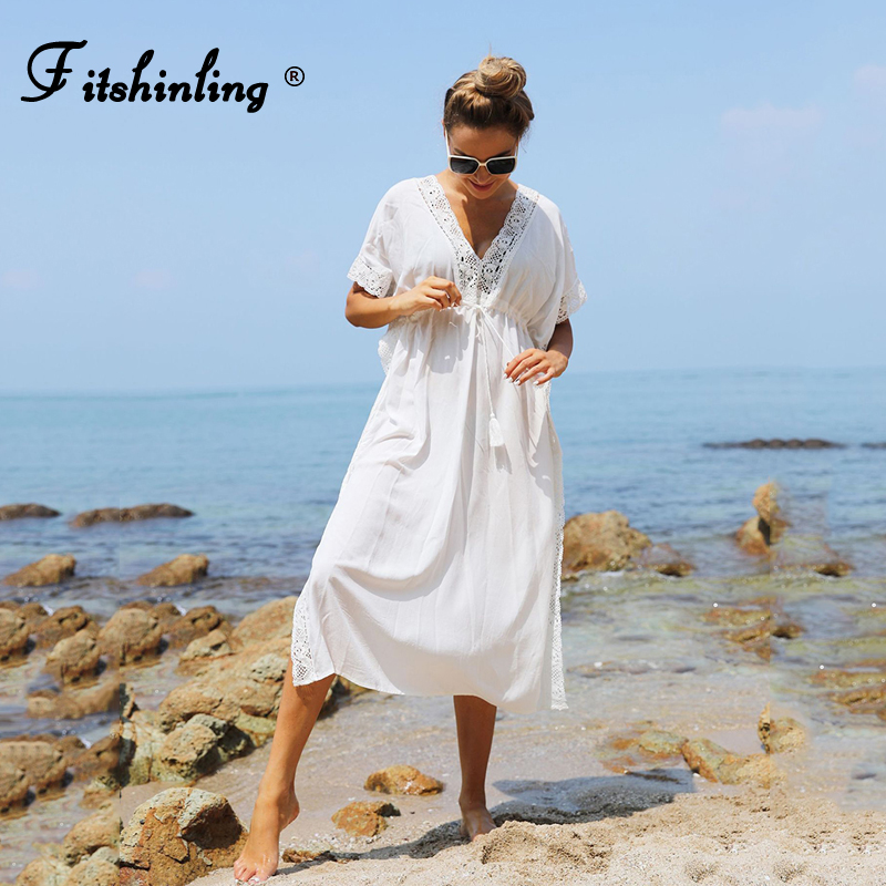 

Fitshinling Lace Splice Boho Maxi Dress Cotton Summer Beach Pareo Bikini Cover Up Holiday Oversized Kimono Robe White Vestidos