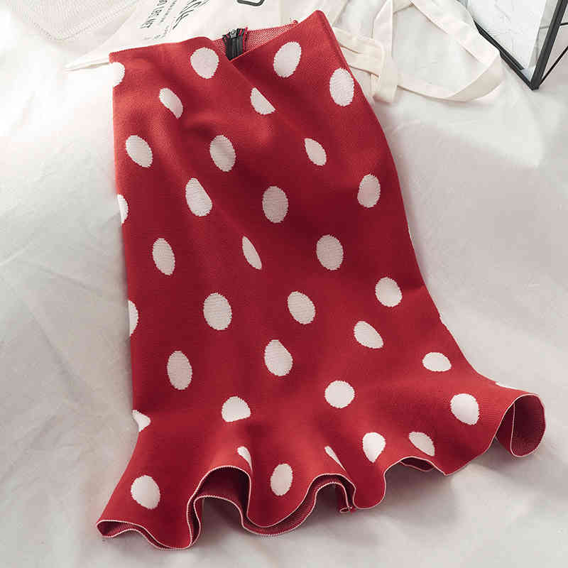 

Skirts Spring Retro Polka Dotted Pencil Midi Knit Women's Knitted Mermaid Trumpet Slim Hip Pack Autumn 9EN4, Black