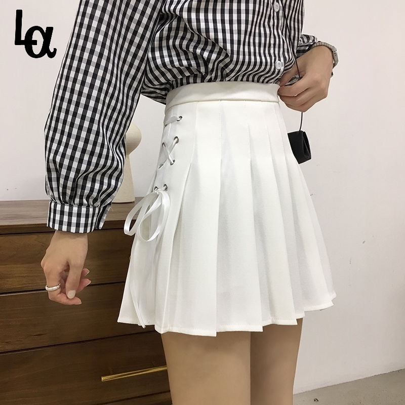 

Women Summer Line High Waist Pleated Skirts Vintage Harajuku Gothic Punk Hip Hop Bow Lace-Up Preppy Girls Sexy 210519, White