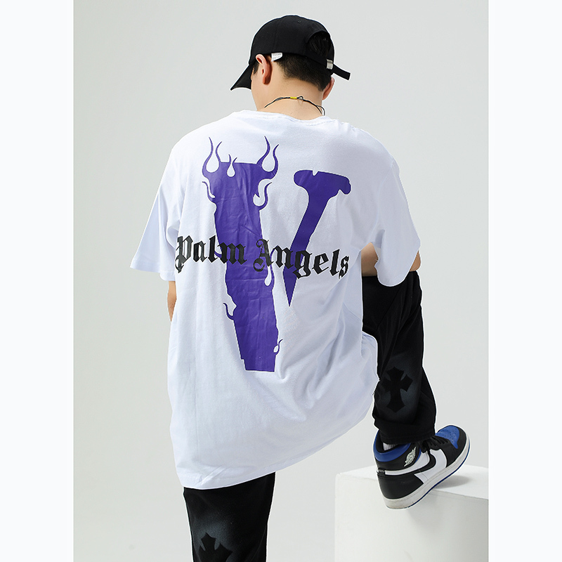 

Brand T shirt Fashion br V Lone Miami limited purple flame big short sleeve Street hip hop hsome men's women's T-shirt, White red print