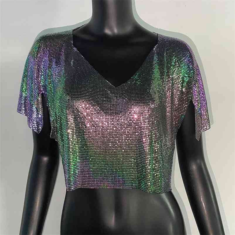 

Metal Sequined Sexy V Neck T Shirt Women Ruffle Sleeve Shiny Colorful Tops Casual Loose Tees Female Fashion Streetwear 210722, Silver