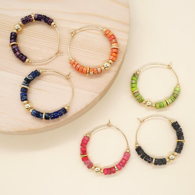 

Hoop & Huggie Go2Boho Natural Stone Ear Ring Flat Beaded Earrings For Women Vintage Winter Color Jewelry Stainless Steel Round Earring