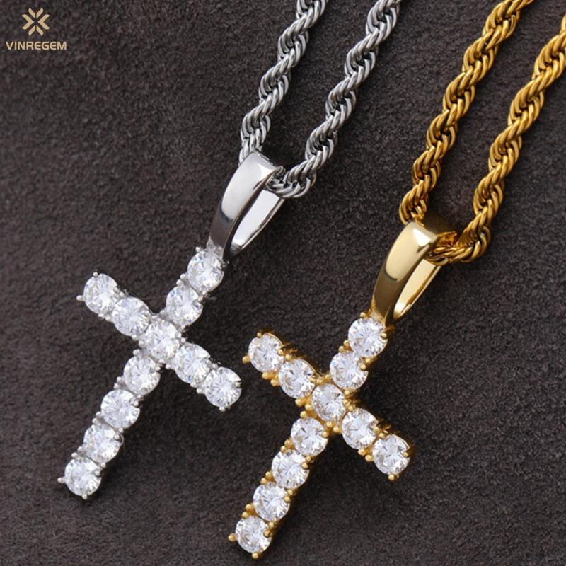 

Other Vinregem Hip Hop Rock 925 Sterling Silver Real Moissanite Diamonds Cross Pendant Necklace Unisex Basic Fine Jewelry