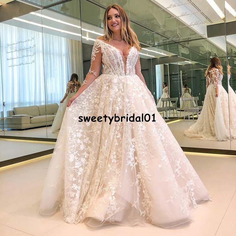 

Vintage Lace Wedding Dress A Line 2021 Long Sleeves Princess Church Garden Bridal Dresses robe mariage Custom Size, Black