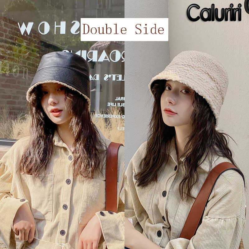 

Caluriri Double Use Winter Bucket Hat Men Women Pu Leather Japanese Fashion Fisherman Hat Bob Boy Girl Warm Plus Velvet Panama H0828