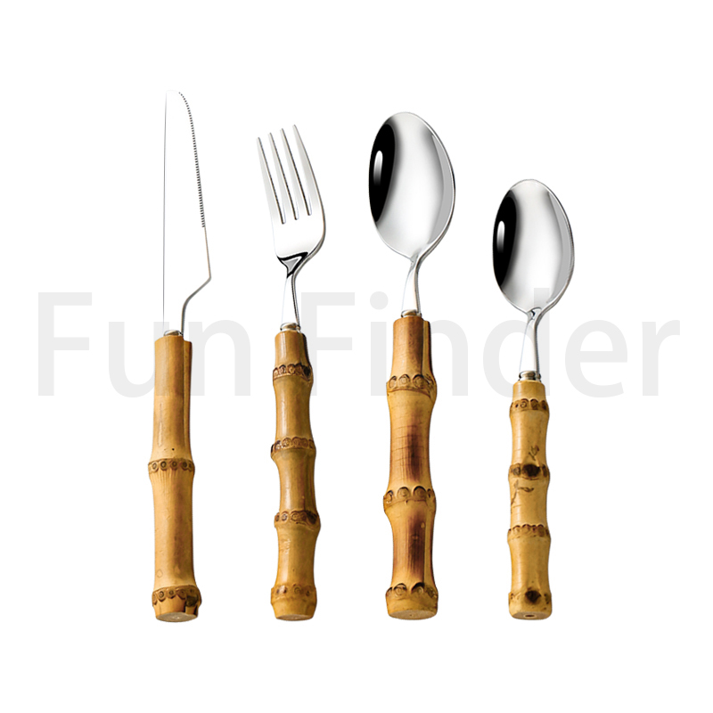 

304 Food Grade Bamboo Shape Flatware Sets Fork And Spoon Set Stainless Steel Reusbale Bamboos Handle Natural Elements Cutlery