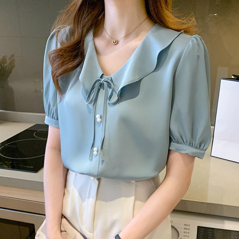 

Women's Blouses & Shirts Simple And Elegant Bubble Sleeve Sweet Lace Up V-neck Shirt 2021 Summer Chic Chiffon Basic Top Female Qm*, White