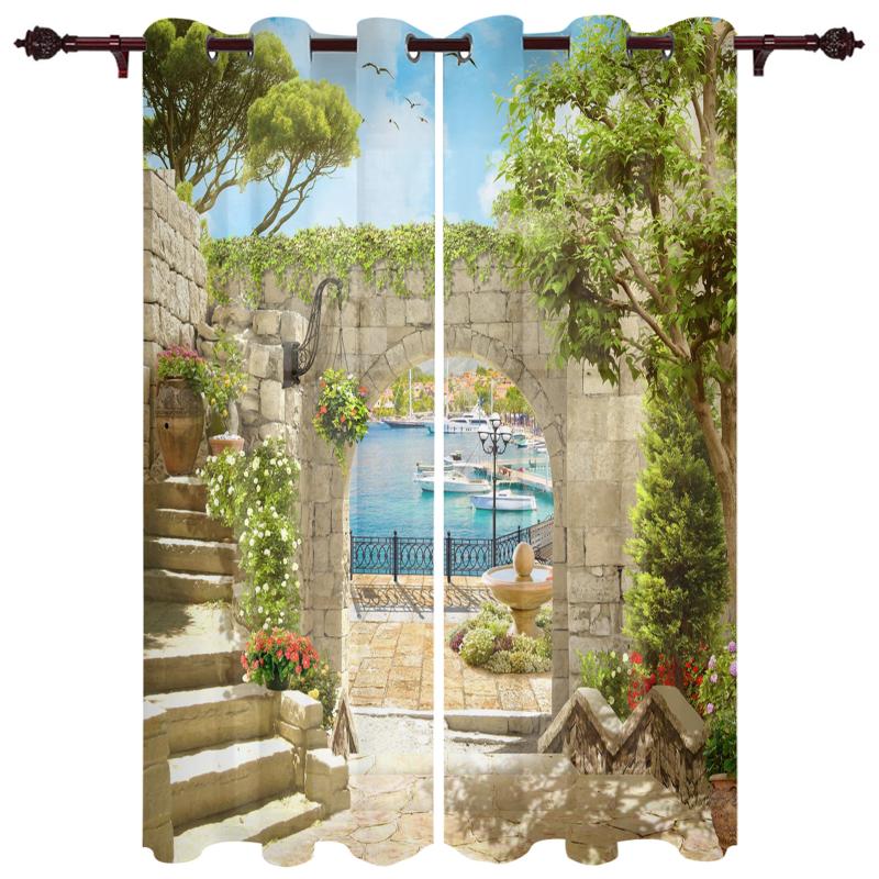 

Luxury Modern Window Curtains Arch Building Flower Tree Bedroom Living Room Dining Translucent Beautiful Curtain & Drapes