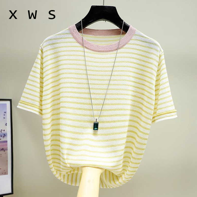 

O neck Summer Short Sleeve striped Korean Sweater Knitted Pullover Women Sweaters Tops Basic Thin Pull Femme Jumper 210604, Yellow
