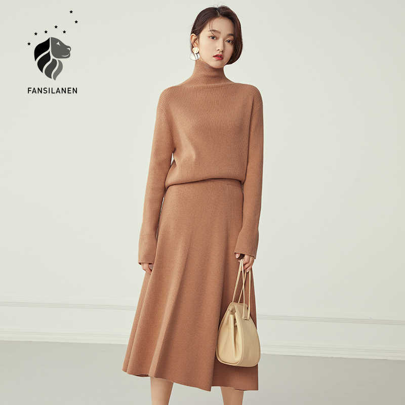 

FANSILANEN Two pieces women knitted sweater dress suit Autumn winter turtleneck elegant long Cashmere office vintage 210607, Coral red