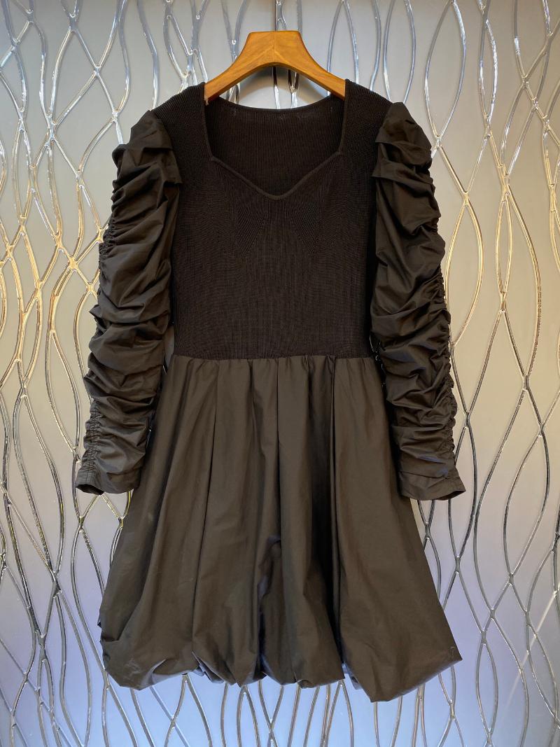 

Casual Dresses Fall 2021 Black Stitching Knitting Hubble-bubble Sleeve Dress 0926