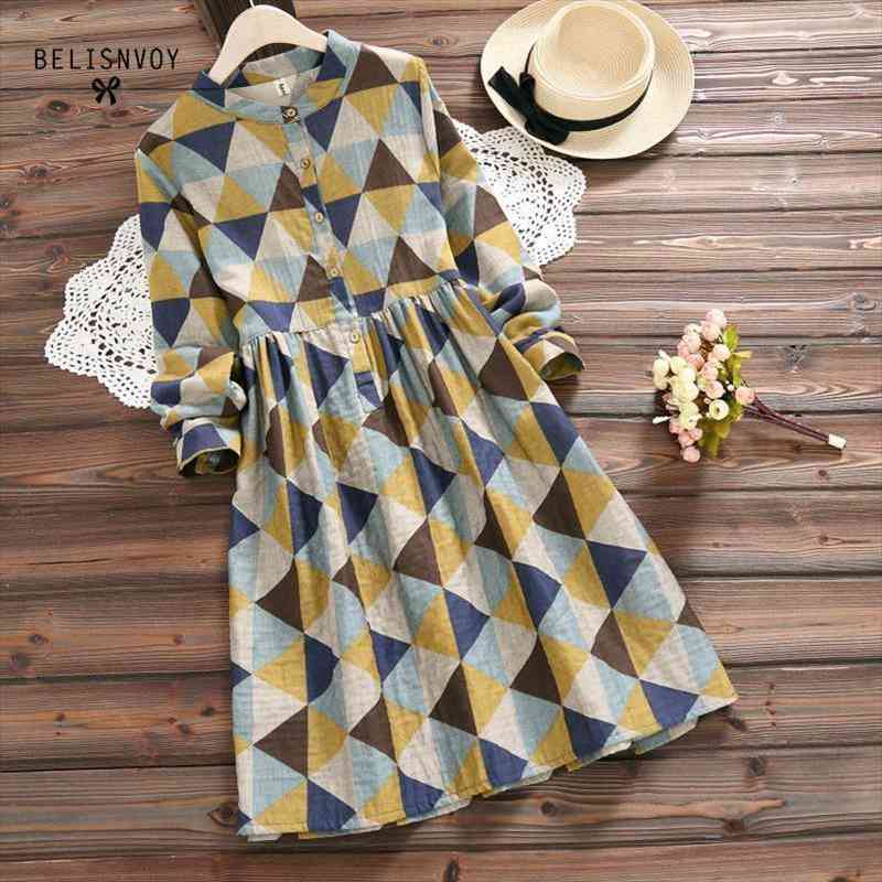 

japanese mori girl autumn spring women vintage dress stand collar geometric printed loose dress cotton linen vestidos femininos, Black;gray