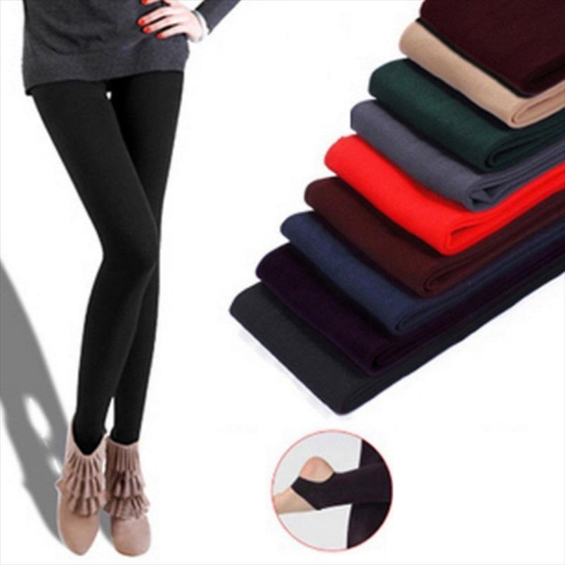 

autumn winter thick warm step women legging on foot candy color brushed charcoal stretch fleece soft lined thermal, Black