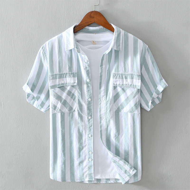 

Men Summer Arrival Short Sleeve Striped 3 Color Double Chest Pockets Japan Refreshing Pure Cotton Comfortable Casual Shirts 210721, Green