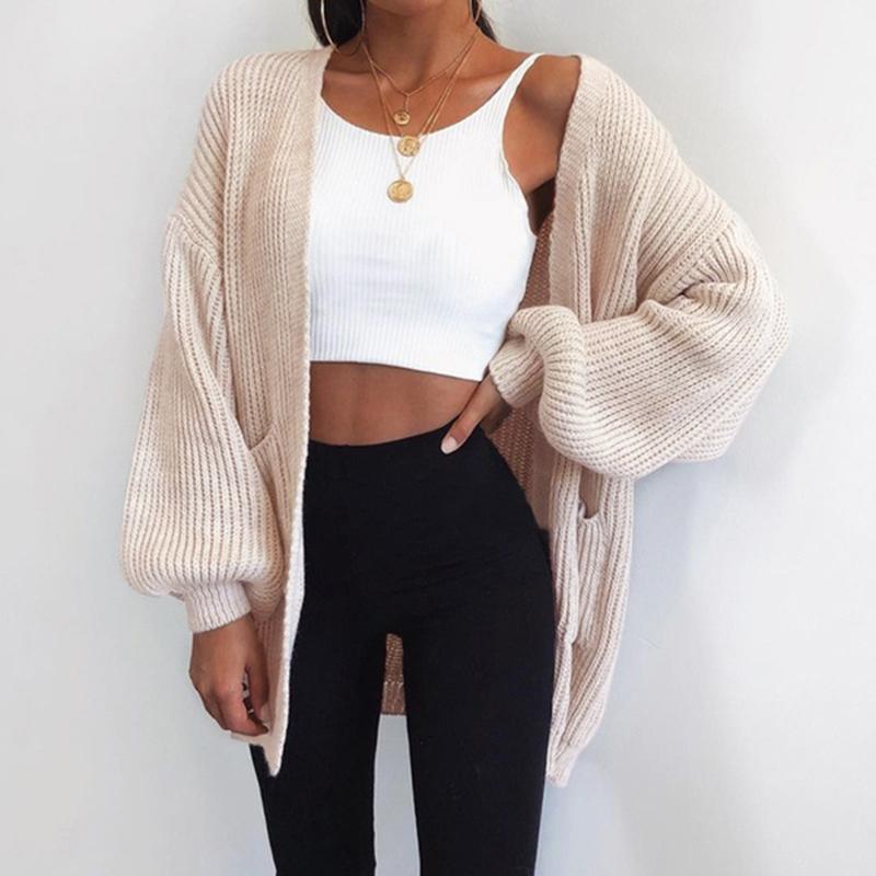 

Women's Knits & Tees Loose Knitted Cardigan Sweater For Women 2021 Open Stitch Sleeve Autumn Winter Coat Solid Casual Jumper Plus Size, White
