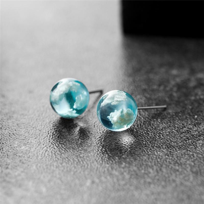 

RongXing Blue Sky White Cloud Resin Round Ball Stud Earrings For Women Silver Color Female Luxury Wedding Jewelry