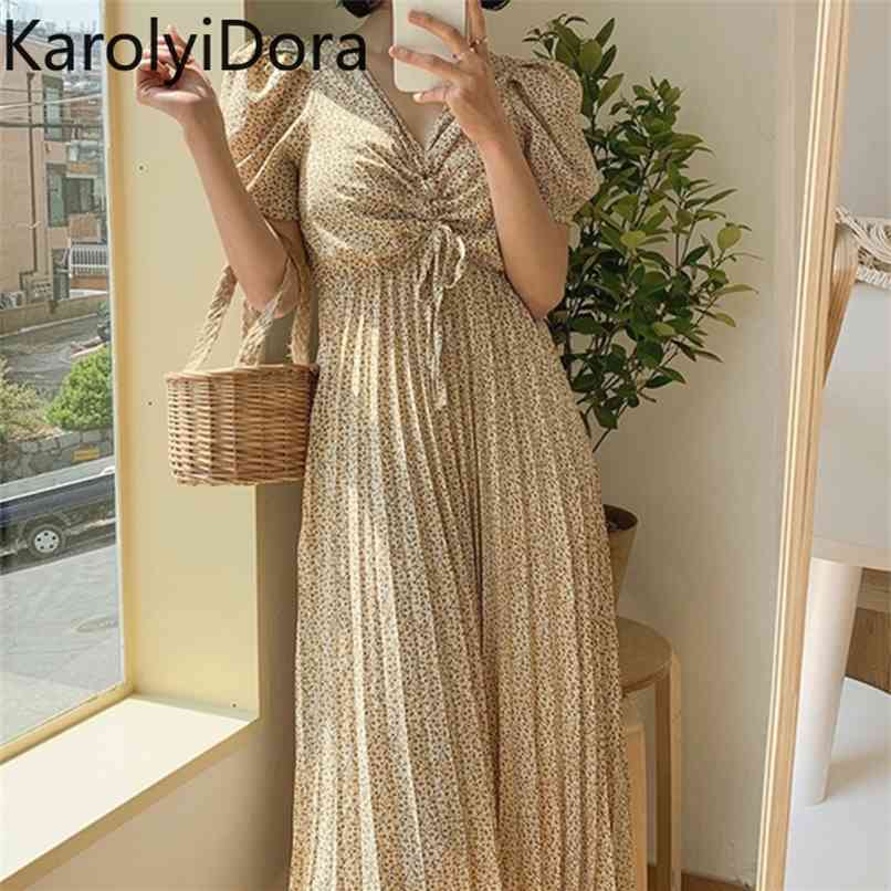 

Chic Floral Print Women Dress V-neck Lace Up Pleated Female High Waist Ruched A-line Chiffon femme 210520, Blue