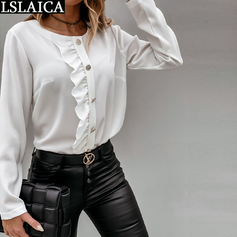 

Blouse Women Casual Office Fashion Arrival Elegant Clothing O Neck Long Sleeve Solid Button Ruffles Camisa Femenina 210520, White