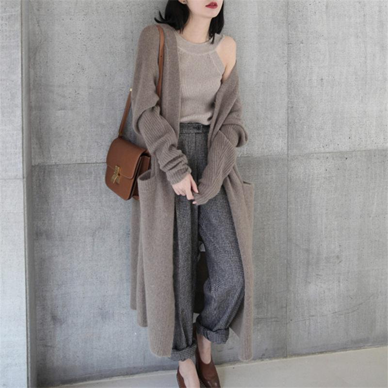 

Women's Trench Coats Alien Kitty 2021 Warm Coat Women Long Knitted Sweater Female Cardigans Casual Autumn Winter Outwear Solid Tops, Black