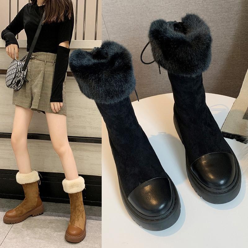 

Winter Casual Furry Boots For Women Round Head Slip-On Mid Tube Boot Fashion Keep Warm Square Heel Shoes Woman, Black