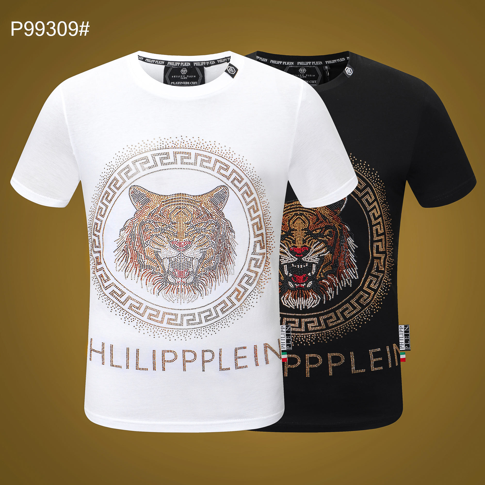 

Luxury summer men's T-shirt short-sleeved leopard head hot brick pattern pattern fashion ladies high-quality sportswear tops in black and white, White;black