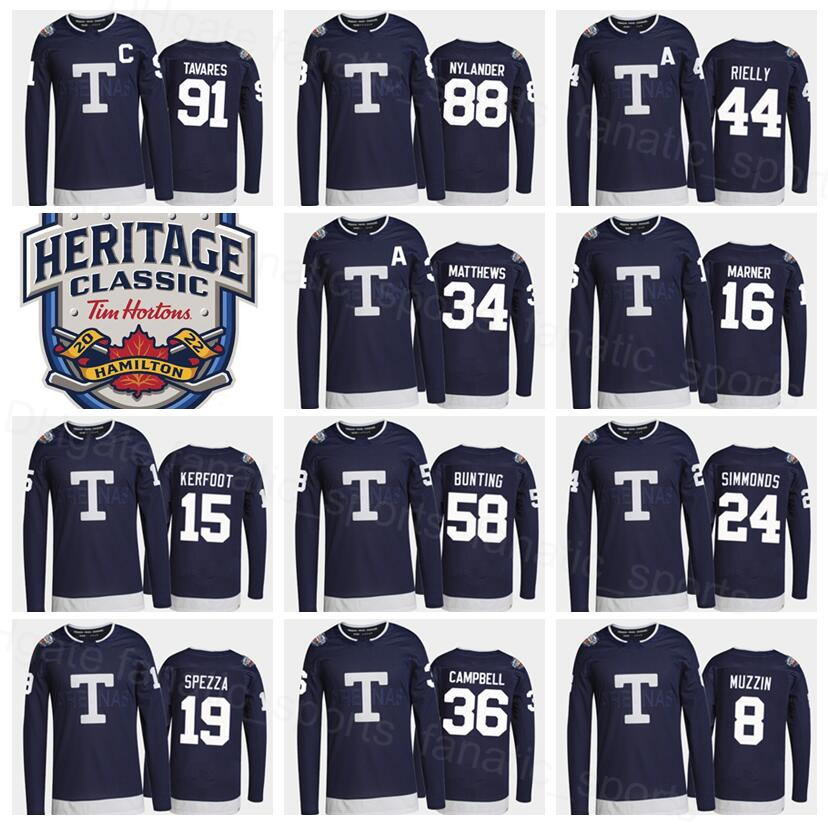 

Hockey 2022 Heritage Classic 58 Michael Bunting Jersey 8 Jake Muzzin 19 Jason Spezza 15 Alexander Kerfoot 36 Jack Campbell 24 Wayne Simmonds 88 William Nylander, Blue