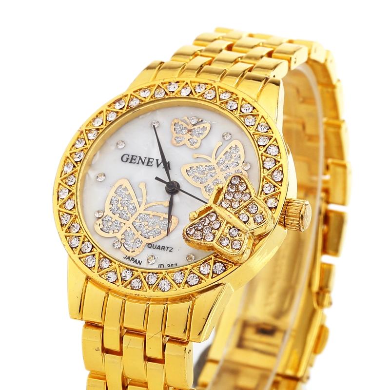 

Wristwatches Gnova Butterfly Crystal Women Watch Golden Metal Woman Dress Wristwatch Fashion Ladies Quartz Relogio Geneva Style B189, Gold