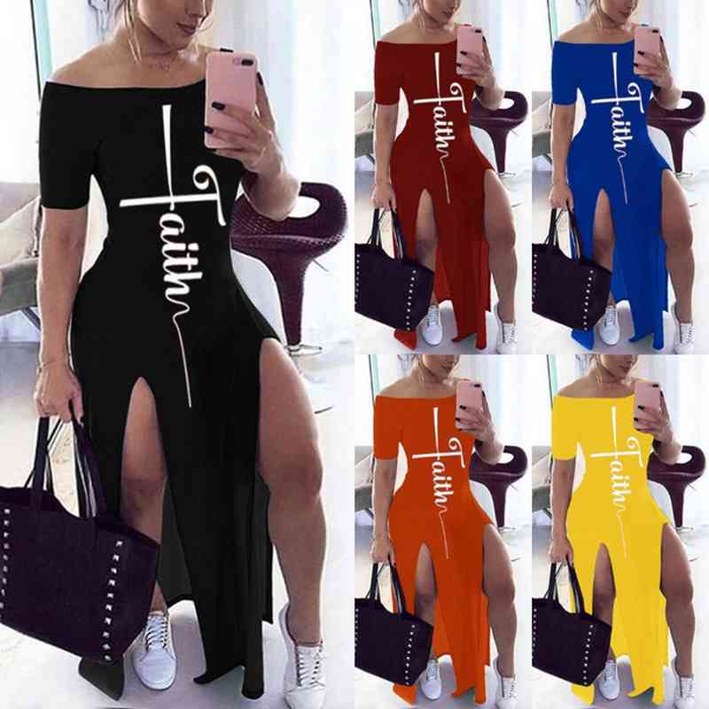 

maxi dresses for women Faith Letter Print Short Sleeve Dress Summer Streetwear Ladies Casual Off Shoulder Split Sexy Dresses X0521, Na