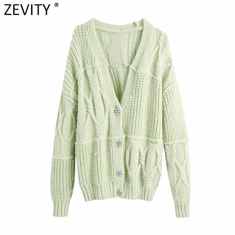 

Zevity Women Fashion V Neck Patchwork Cardigan Knitting Sweater Female Chic Long Sleeve Diamond Buttons Casual Outwear Tops S566 210603, As pic s566bb