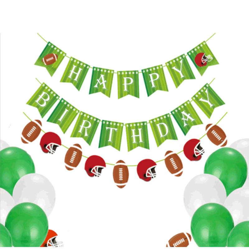 

15pcs Theme Birthday Party Decor Set American Football Hanging Bunting Banners And 3 Colors Balloons Gym Clothing, White;black