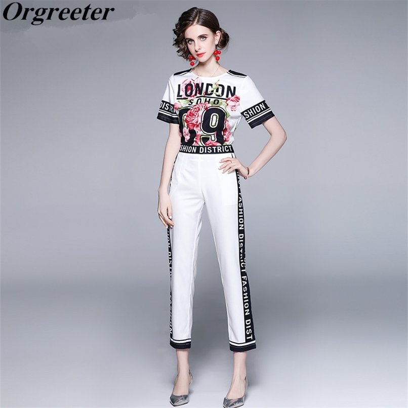 

Runway Summer Rose Letter Print Tracksuits Women's Streetwear T-Shirt Tops and Pocket Ankle-Length Pants 2 Piece Set 210602, White