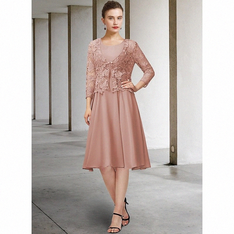 Two Piece A-Line Mother of the Bride Dress Elegant Jewel Neck Knee Length Chiffon Lace 3/4 Length Sleeve with Bow(s) Appliques 2022 T0uP#-image-755734256