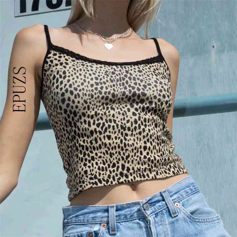 

Women Leopard Print cami summer crop top Fitted Ribbed Cropped Spaghetti Strap Tank Top women croped 210521
