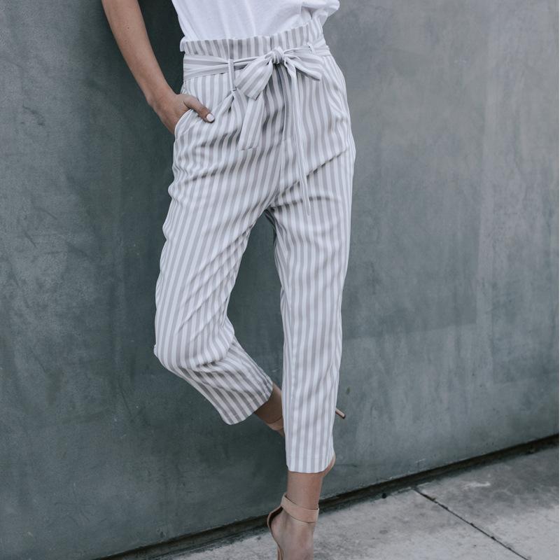 

Women' Pants & Capris White Stripe Casual Women Fashion Bottom Sash High Waist Wide Leg Elastic Summer, As pic