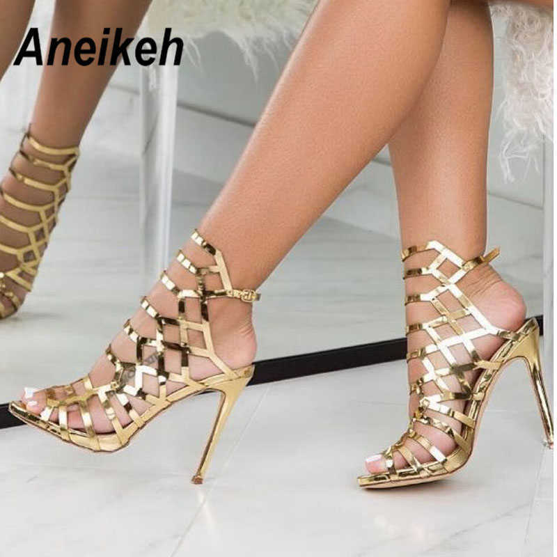 

Aneikeh Fashion Night Club Sexy Hollow Out Super High Heel Womens Sandals Patent Leather Gladiator Golden Party Shoes 35-40 210615