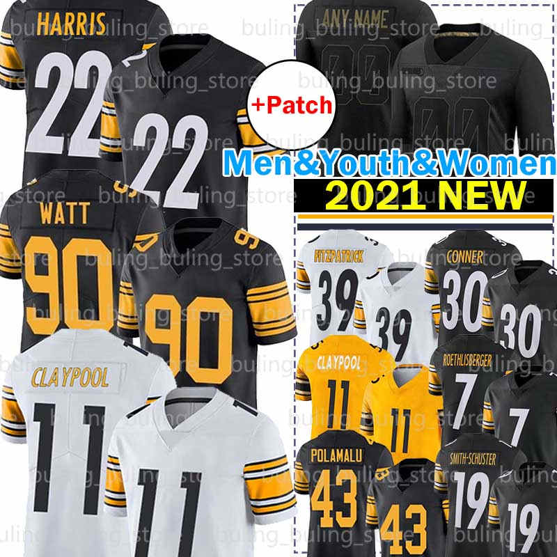 

22 Najee Harris Jersey 90 T.J. Watt 11 Chase Claypool TJ Ben Roethlisberger JuJu Smith-Schuster Troy Polamalu Football PittsburghSteelersMinkah Fitzpatrick, Men jersey+patch