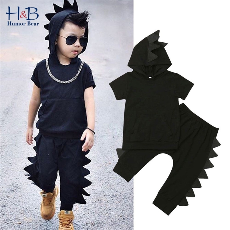 

Boy Clothes Set Casual Fashion Dinosaur Cute Summer Outfits Short Sleeve Hooded Top Pants 2pcs 210611, Bz2173 black