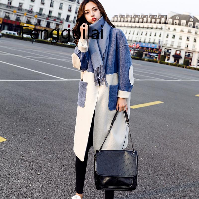 

Women's Wool & Blends 2021 Women Long Section Woolen Trench Coat Autumn Winter Thickened Outerwear Female Blue White