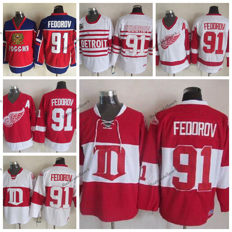 

Mens Detroit Red Wings #91 Sergei Fedorov Jersey Vintage Home White Russia Stitched Hockey Jerseys Classic A Patch
